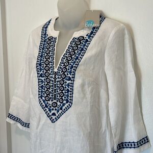 Boden White Linen Tunic Top with Blue Embroidered Flowers NWT Size 4R